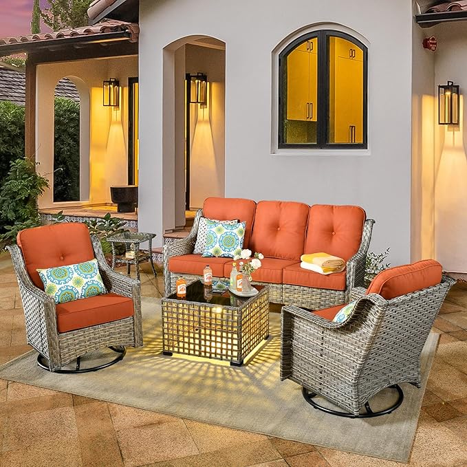 Patio Conversation Set,5 Pieces Wicker Patio Furnitures with Swivel Chair and Coffee Table,All Weather Patio Furniture Set for Garden,Backyard,Poolside and Patio,Bold Orange