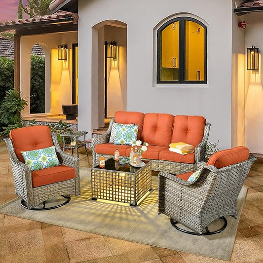 Patio Conversation Set,5 Pieces Wicker Patio Furnitures with Swivel Chair and Coffee Table,All Weather Patio Furniture Set for Garden,Backyard,Poolside and Patio,Bold Orange