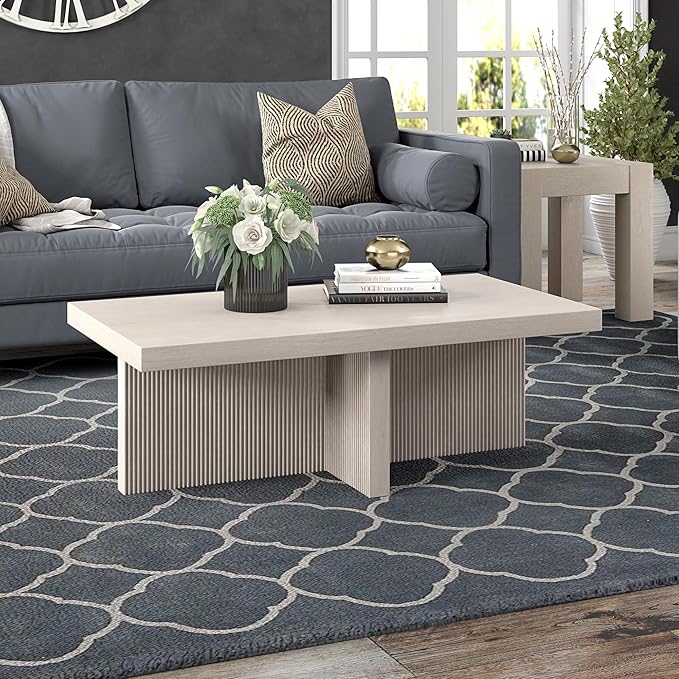 Henn&Hart 44" Fluted Rectangular Wood Pedestal Low-Profile Coffee Table with Ribbed Pedestal Base for Living Room, Family Room or Office, Beech White