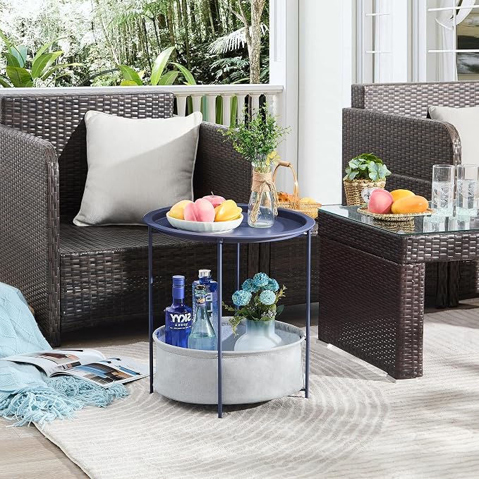 VECELO Round Side/End Table with Fabric Storage Basket，Metal Anti-Rust and Waterproof Small Bedside Nightstand with Removable Tray Top for Living Room，Balcony & Laundry，Blue /1pcs with Basket - Image 7