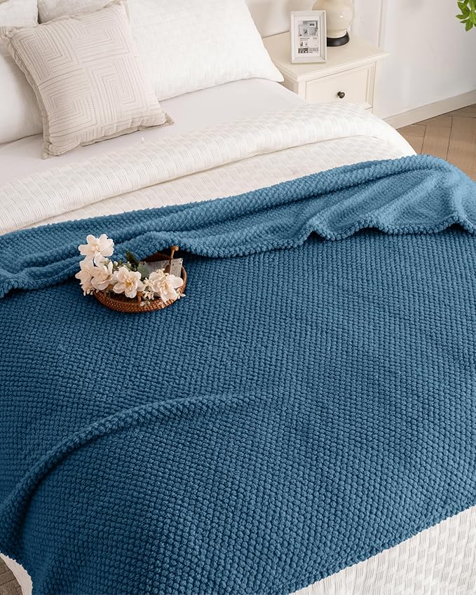 Blue Soft Fleece 300GSM Large Queen Blanket for Couch Cozy Flannel Room Decorative Blankets, Lightweight Plush Blanket for Bed Sofa, 90x90