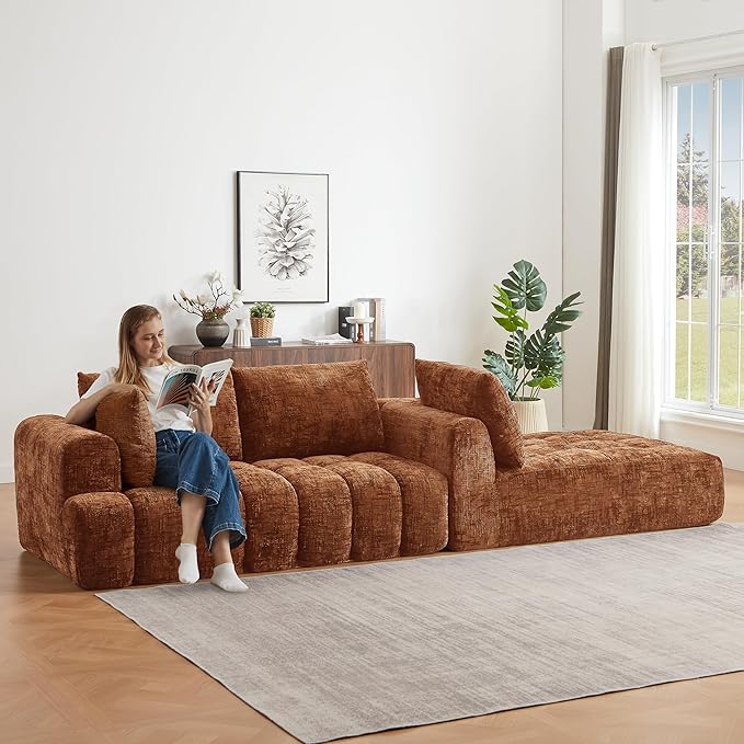 Tufted Chenille Cloud Modular Sectional Sofa,Oversized 2-Piece Right Facing Boneless Couch with Chaise Lounge, L-Shape Floor Lounge Sofa with 2 Throw Pillows for Living Room, No Assembly Required