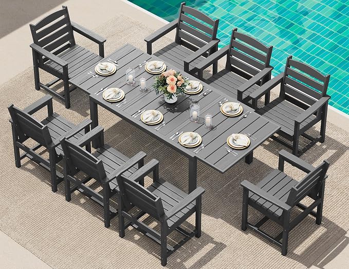 SERWALL 9-Piece Outdoor Dining Set, 60" - 83" Expandable Outdoor Dining Table and 8 HDPE Chairs, All Weather HDPE Outdoor Furniture Set for Backyard, Garden, Grey by SERWALL