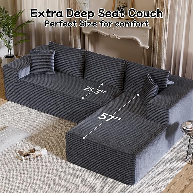 104” Sectional Cloud Couch, L-Shape Compressed Sofa with Left Chaise Lounge, Modern Modular Cloud Couch with 2 Pillows & Deep Seat, Flannel Velvet Floor Sofa for Living Room, Dark Gray