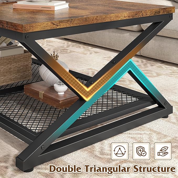 EnHomee Coffee Table with Storage, Modern Coffee Tables for Living Room with Mesh Shelf, 2 Tier Rectangular Center Table for Living Room, Bedroom, 39.4 Inch, Rustic Brown