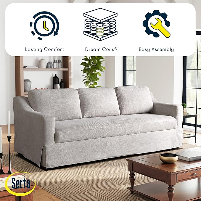 Serta® Hawthorne 90.6" Slipcovered Queen-Size Convertible Pop-up Sofa, Dreamcoil® Comfort, Woven Polyester Blend Fabric, Linen