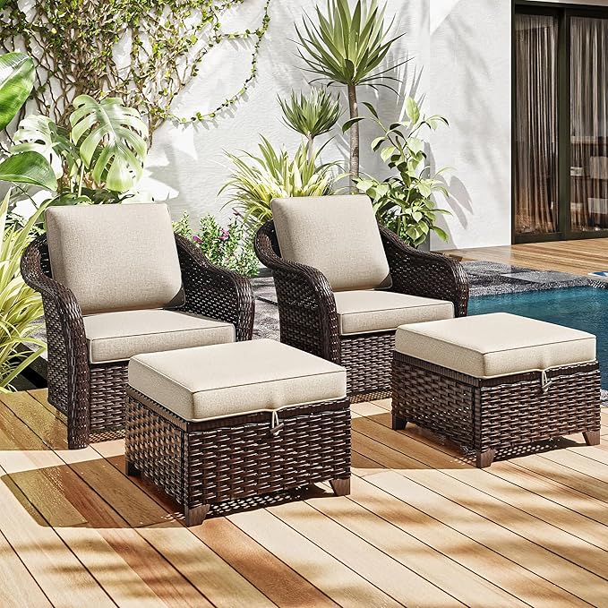 4 Pieces Patio Outdoor Conversation Furniture Set with Cushions, All-Weather Wicker Ottomans, PE Rattan 2 Chairs for Backyard, Deck, Lawn (Beige)