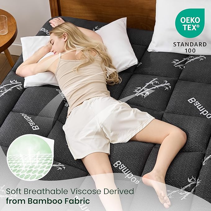 Love's cabin Queen Mattress Topper Viscose Derived from Bamboo, Thick Pillow Top Mattress Pad with Stretchable Pockets for 8"-20" Mattress, Breathable Cooling Mattress Topper for Hot Sleepers, Black