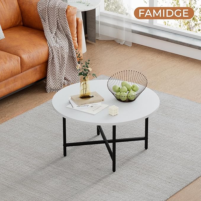 Coffee Table, 23.6" Coffee Tables for Living Room, Round Coffee Table with Metal Frame, Floor Table for Sitting on The Floor, Home, Office, White