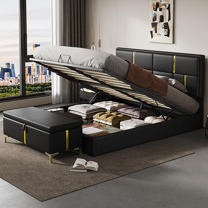 Harper & Bright Designs Queen Size Platform Bed with Lift Up Storage and Ottoman Bench, Velvet Upholstered Queen Bed Frame with Headboard, 2-Pieces Queen Bedroom Sets, Easy Assemble, Black