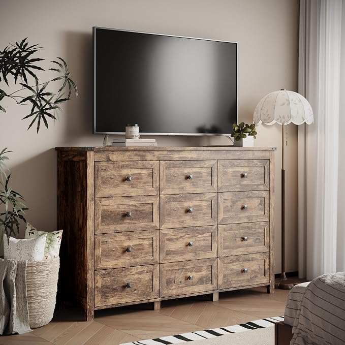 Dresser for Bedroom with 12 Drawers, Farmhouse Wood Chest of Drawers, Wide TV Stand Closet Storage Furniture with Metal Handle, Modern Clothes Organizer for Hallway, Living Room, Entryway, Brown - Image 6
