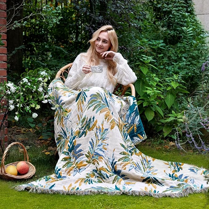 LUTBM Boho Throw Blanket for Couch Sofa Chair Cotton Spring Blankets for Bedroom Living Room All Season Soft Lightweight Reversible Leaves Embroidery Decorative Throws 50"x60" Home Decor