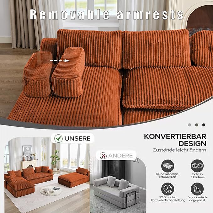 149" Oversized U Shaped Cloud Modular Sectional Sofa Boneless Couch with Double Chaise,Free Combination Convertible Floor Sofa Bed with Storage Pockets and Pillows | No Assembly