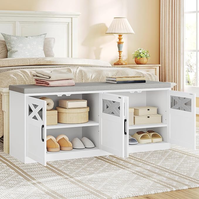 Hzuaneri 2 Tier Shoe Storage Bench with Doors, 47.2" Farmhouse Shoe Bench with Padded Cushion, 12 Pairs of Bed End Bench, Entryway Bench with Storage for Bedroom, Living Room, White SB61203X - Image 2