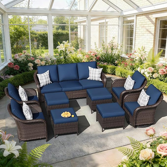 9 PCS Outdoor Conversation Set | 78" Couch, 2 Swivel Chairs, 2 Chairs, 4 Ottomans, Patio Wicker Conversation Furniture with Removable Cushions for Bistro, Deck, Sunroom (Navy Blue)