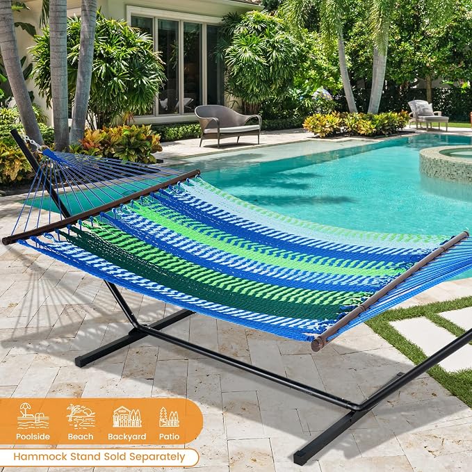 Lazy Daze Hammocks 10.5 FT Double 2 Person Caribbean Rope Hammock, Hand Woven Polyester Hammock with Spreader Bars, for Outside Outdoor Backyard Patio Poolside, 450 LBS Capacity, Blue/Green - Image 2