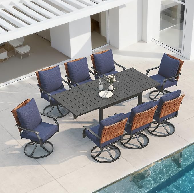 Grand patio 9-Piece Outdoor Dining Set, 8 Leather-Look Wicker Blue Swivel Patio Chairs & 1 Expandable Dining Table, Black by GrandPatio