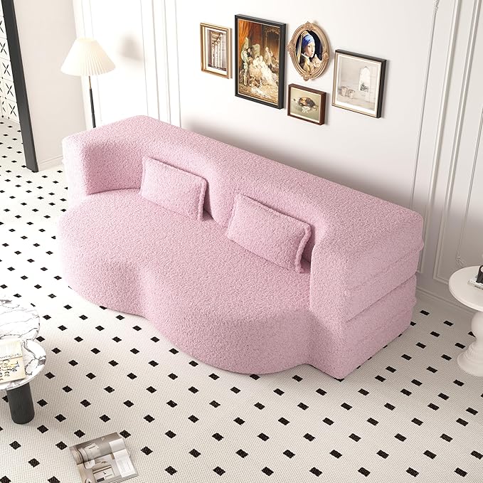 Ball & Cast 78" Sleeper Sofa Bed with 2 Pillows, Convertible Teddy Fabric Foam-Filled Could Couch, Modern Floor Sofa for Living Room,Guest Bed,Playroom,No Assembly Required,Pink