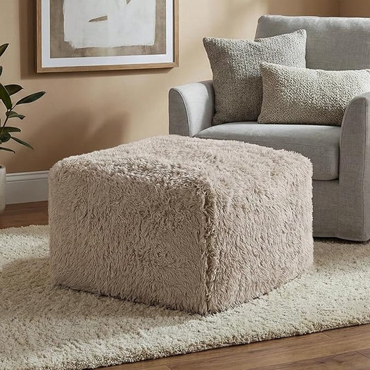 Furniture of America Havyn Modern Faux Fur 1-Seater Square Modular Foam Ottoman, Compressed Couch in a Box, No Assembly Required, for Living Room and Office, Taupe