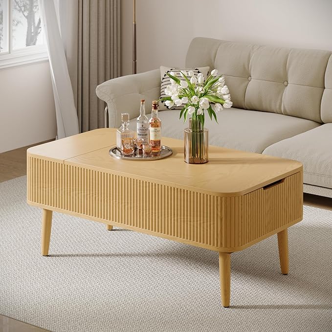 47.2” Modern Coffee Table Wooden Fluted Lift Top Coffee Table with Hidden Compartment, Mid Century Modern Rectangle Center Tables with Lifting Tabletop & 2 Storage Drawers for Home Living Room Natural
