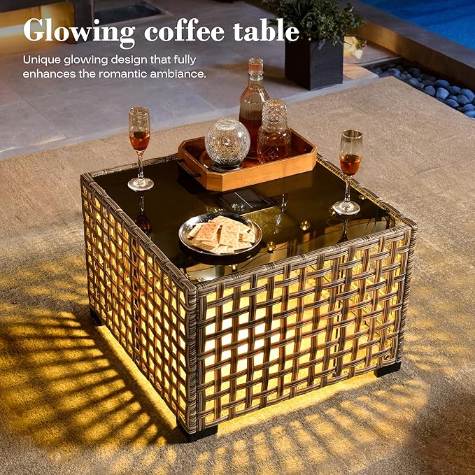 10 Piece Outdoor Patio Furniture with Swivel Rocking Chair, Rattan Wicker Conversation Set with Glowing Coffee Table, Sectional Single Chairs for Porch Balcony Backyard Pool,Light Blue