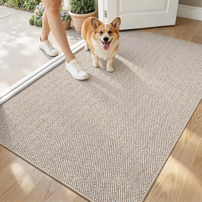 LUMI Ultra Thin Indoor Door Mat for Entrance 36"x56", Non Slip Entryway Mat, Low Profile Doormat, Unique Herringbone Design Carpet for Inside, Patio, Porch, Beige by LUMI