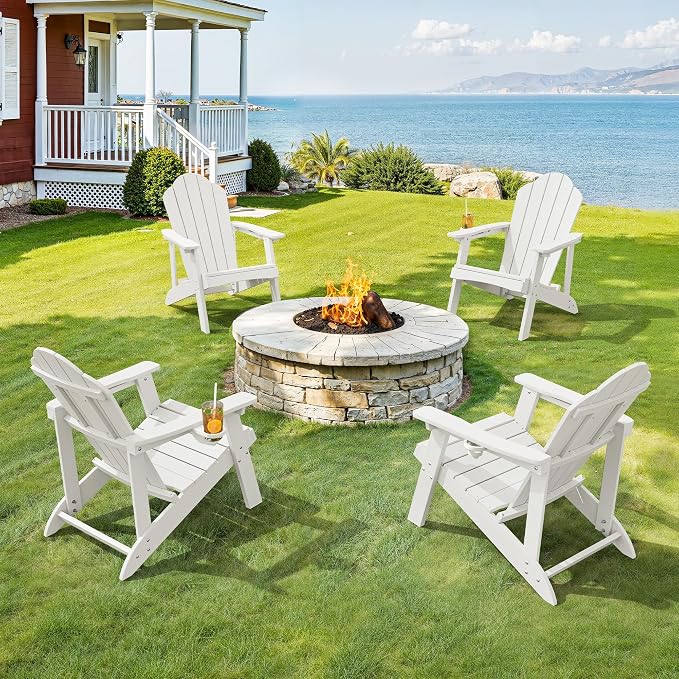 LUE BONA HDPE Adirondack Chairs Set of 8 - Salt-Spray Resistant Outdoor Seating with Cup Holder, Ideal for Poolside, Deck, Coastal Resort & Beachfront Property, White by LUEBONA