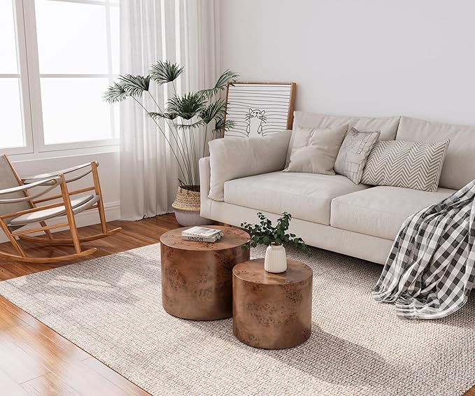 Round Nesting Coffee Table Set of 2,Modern Wooden Circle Burl Accent Tables for Small Spaces Living Room Bedroom Balcony Office(Dark Brown,19"+15")