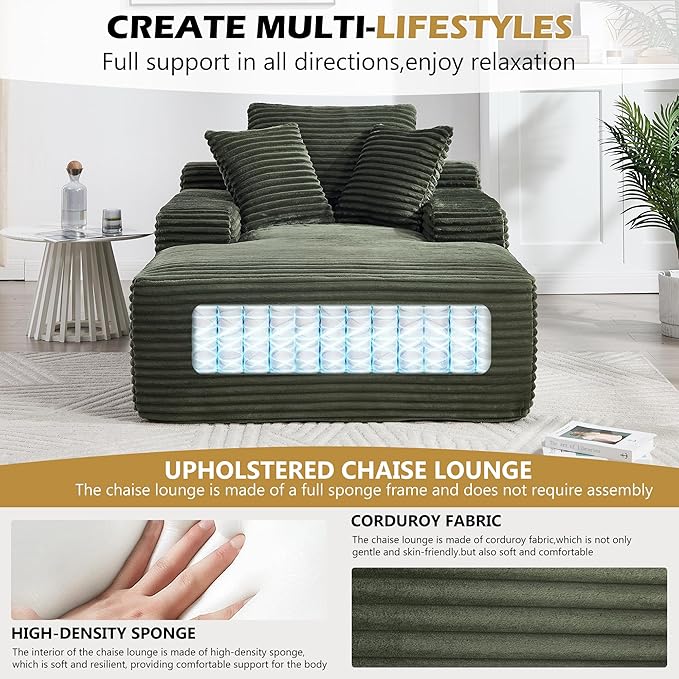 KEIKI 67" Corduroy Chaise Lounge Chair Sofa Bed with 9.9'' Wide Armrests, Oversized Sleeper Sofa, Deep Seat Lounge, Three Pillows, Convertible, No Assembly Required for Living Room, Green
