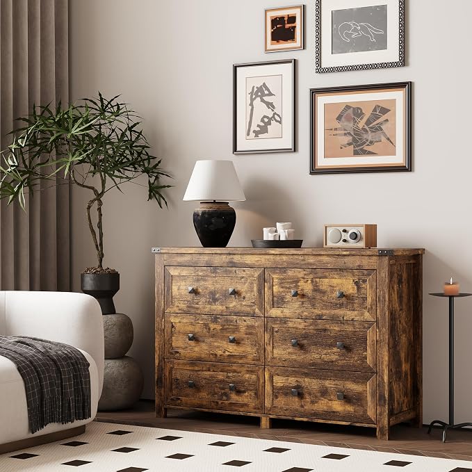 Dresser for Bedroom with 6 Drawers, Farmhouse Wood Chest of Drawers, Wide TV Stand Closet Storage Furniture with Metal Handle, Modern Clothes Organizer for Hallway, Living Room, Entryway, Brown - Image 2