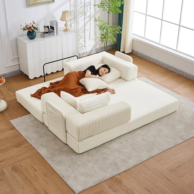 Convertible Sleeper Sofa Bed with Cylindrical Pillow, 3 in 1 Corduroy Folding Mattress Couch,Floor Sofas Lounge Couches w/Fixed-Shape Frame for Living Room,Ivory