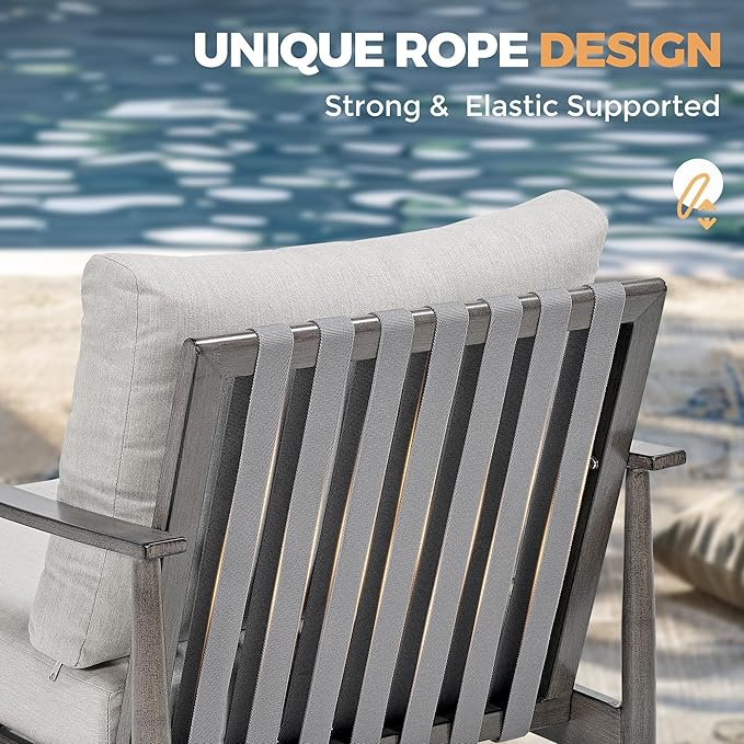 HAPPATIO Patio Outdoor Furniture Set - 7 Pieces Aluminum Outdoor Conversation Set Includes 1 Loveseat, 1 Side Table, 1 Coffee Table, 2 Swivel Chairs, and 2 Ottomans for Porch, Yard, Lawn (Grey)