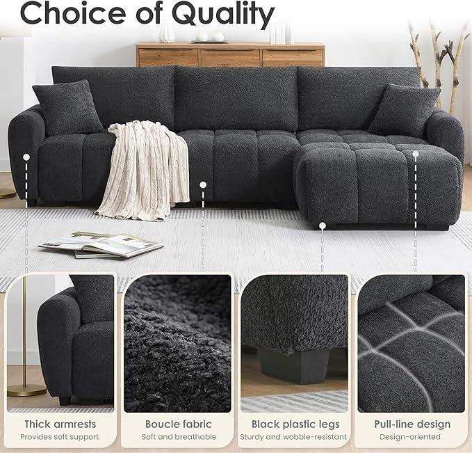 ERYE 110" L-Shaped Sectional Sofa 4 Seat Tufted Sofa Couches with Ottoman, Oversized Tufted Boucle Upholstered Corner Sectional Couch for Living Room Home Apartment