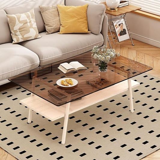 IANIYA Glass Coffee Table for Living Room Small Gold Mid Century Coffee Table for Living Room with Wood Shelves (White Frame, Brown Glass + White Wood)