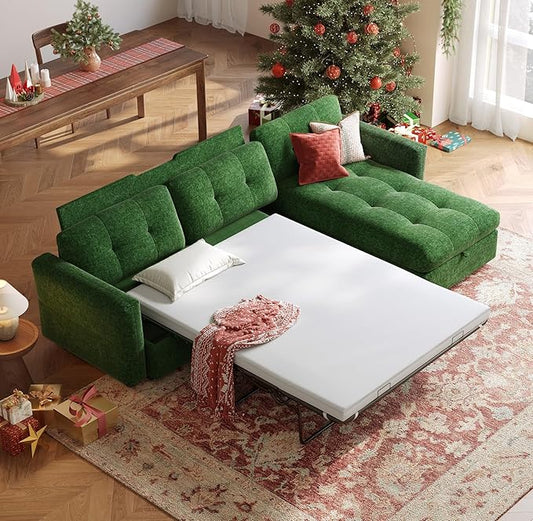 118" Oversized Sectional Sleeper Sofa with Pull Out Bed and Storage Chaise, Convertible Sofa Bed with Memory Foam Topper, Comfy L Shaped Modular Couches for Living Room Apartment Dorm Room, Green