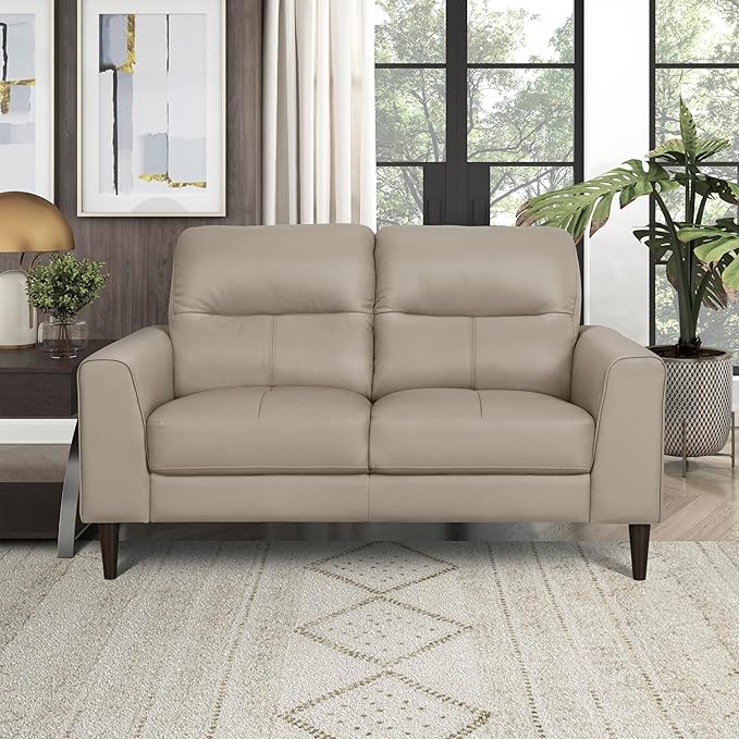 Lexicon Leather Match Loveseat Sofa, Modern Couch Sofa, Oversized Loveseat, Solid Wood Legs, Top Grain Leather 2 Seater Couch for Living Room, Bedroom, Office, Apartment, Waiting Room, Latte