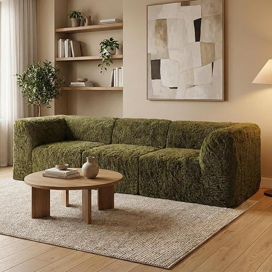 Furniture of America Havyn Modern Faux Fur 3-Seater Modular Foam Sofa with Curved Arms & Deep Seat, Compressed Couch in a Box, No Assembly Required, for Living Room and Office, Olive Green