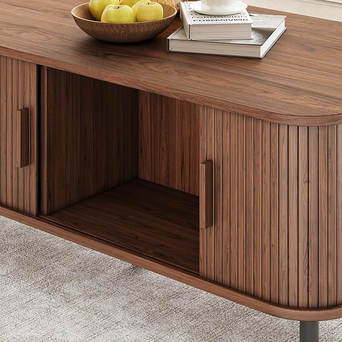Coffee Table with Storage, 47.2" Mid Century Modern Coffee Tables for Living Room, Rectangle Wood Center Table with Sliding Tambour Door & Adjustable Leg for Living Room, Walnut