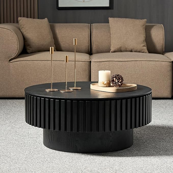 WILLIAMSPACE 31.49" Round Coffee Table with Storage for Living Room, Modern Circle Center Table with Solid Wood Veneered & Sturdy Pedestal, Accent End Tea Table for Apartment - Black