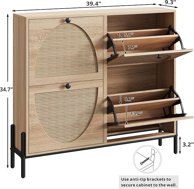IRONCK Rattan Shoe Cabinet Storage with 4 Flip Drawers, Freestanding Shoe Storage Organizer Cabinet for Entryway, Narrow Shoe Rack Cabinet, Oak - Image 3
