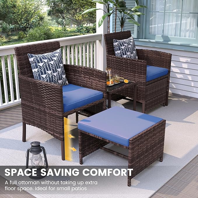 UDPATIO Outdoor Furniture Patio Chairs with Ottoman, Ideal for Balcony, Porch, 5 Piece Patio Furniture Set with Side Table for Deck, Apartment