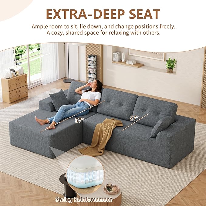 Ball & Cast 106" Cloud Modular Sectional Sofa, Boneless Chenille Couch with Deep Seat, Comfy L-Shaped Sectional, Modern Upholstered Sofa for Living Room, No Assembly (Gray, Left Facing Chaise)
