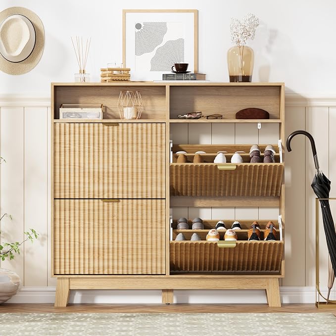HUANLEGO Shoe Cabinet Storage for Entryway with 4 Flip Drawers, Fluted Narrow Shoe Organizer with Wooden Legs & Top Cubby, Freestanding Slim Shoe Storage Hidden Shoe Rack for Front Door Entrance, Oak - Image 7