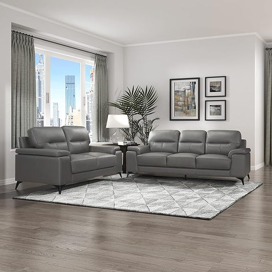 Lexicon Danica Top Grain Leather 2-Piece Living Room Sofa Set, Dark Gray