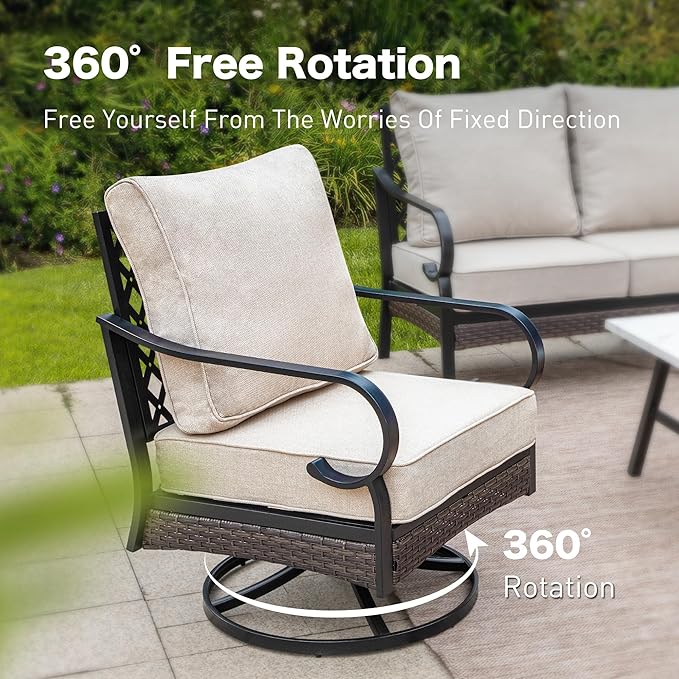 6 Piece Metal Outdoor Patio Furniture Set, Patio Conversation Set with 3-Seater Couch, 2 Fixed Sofa, 2 Swivel Sofa (5.75" Thick Cushion) & Coffee Table Black Backyard Furniture, Beige