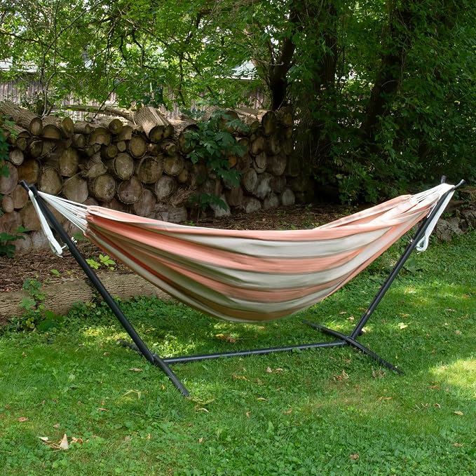 Vivere Double Sunbrella Hammock with Space-Saving Steel Stand, Heavy-Duty Portable Outdoor Hammock Set for Backyard, Patio, or Travel, Cameo - Image 5
