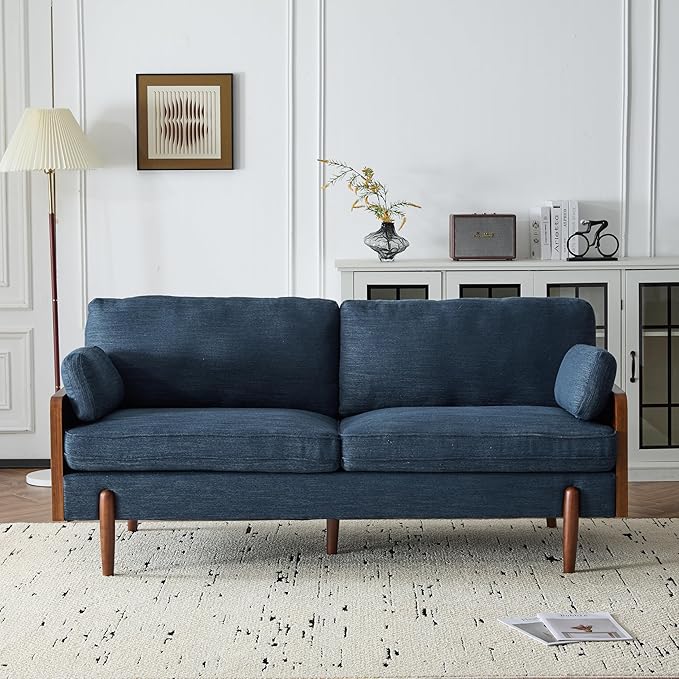 Merax 71.75" Mid-Century Modern Sofa with Plush Cushions, Wood Sides & Rounded Legs Compact & Stylish Couch for Living Room, Apartment Office, Navy