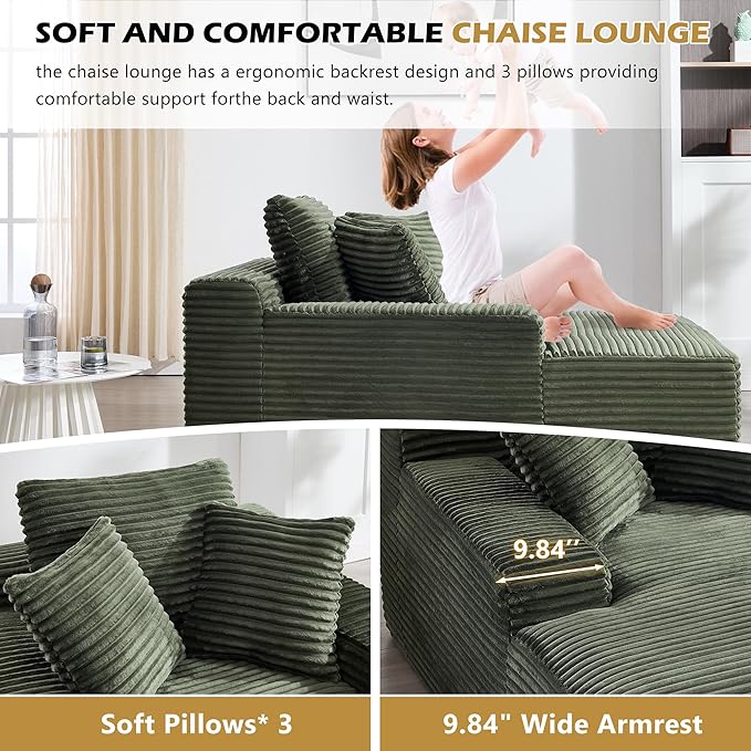 KEIKI 67" Corduroy Chaise Lounge Chair Sofa Bed with 9.9'' Wide Armrests, Oversized Sleeper Sofa, Deep Seat Lounge, Three Pillows, Convertible, No Assembly Required for Living Room, Green