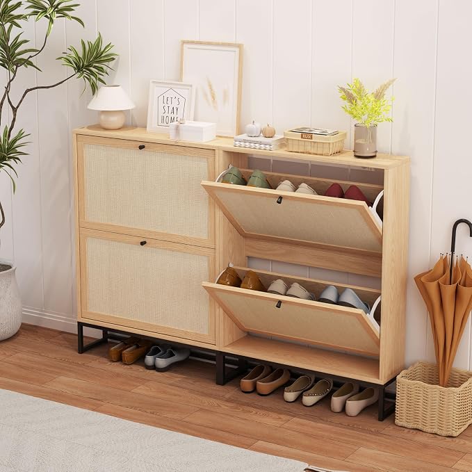 AVZEAR Narrow Shoe Storage Cabinet for Entryway with Natural Linen Panel, Freestanding Slim Shoe Cabinet with 2 Flip Drawers, Wood Shoe Organizer Closed Shoe Rack for Hallway, Living Room(Natural) - Image 6