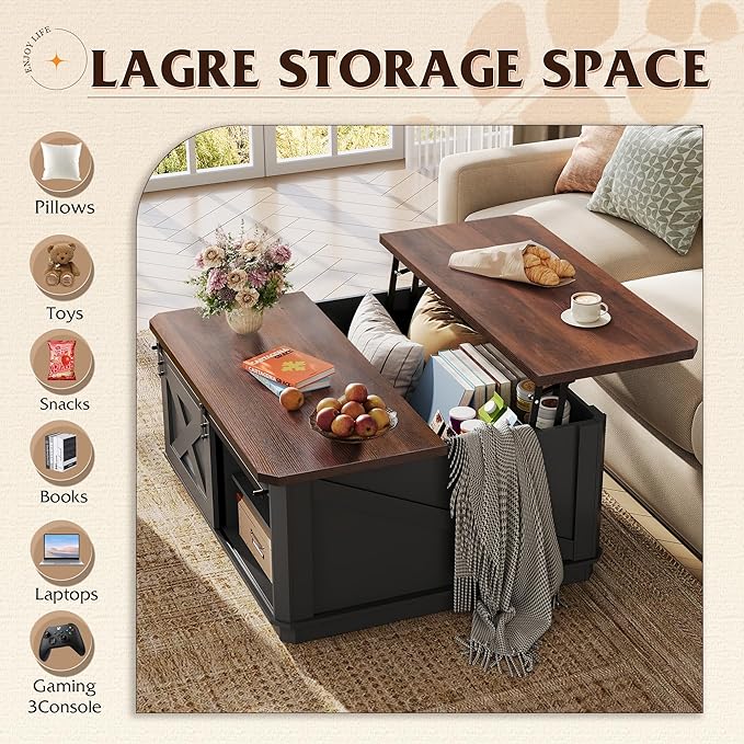 WLIVE Framhouse Coffee Table with Storage, 35.5" Lift Top Coffee Table for Living Room, Square Center Table, Rustic Cocktail Table with Sliding Barn Doors, Curevd Base, Black